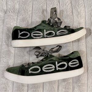 Bebe Forest Green velvet sneakers with silver bling rhinestone logo size 8